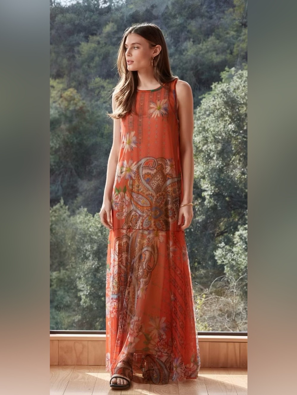 BIYA Johnny Was Women's Orange Paisley Mesh Sleeveless Maxi Dress Size L